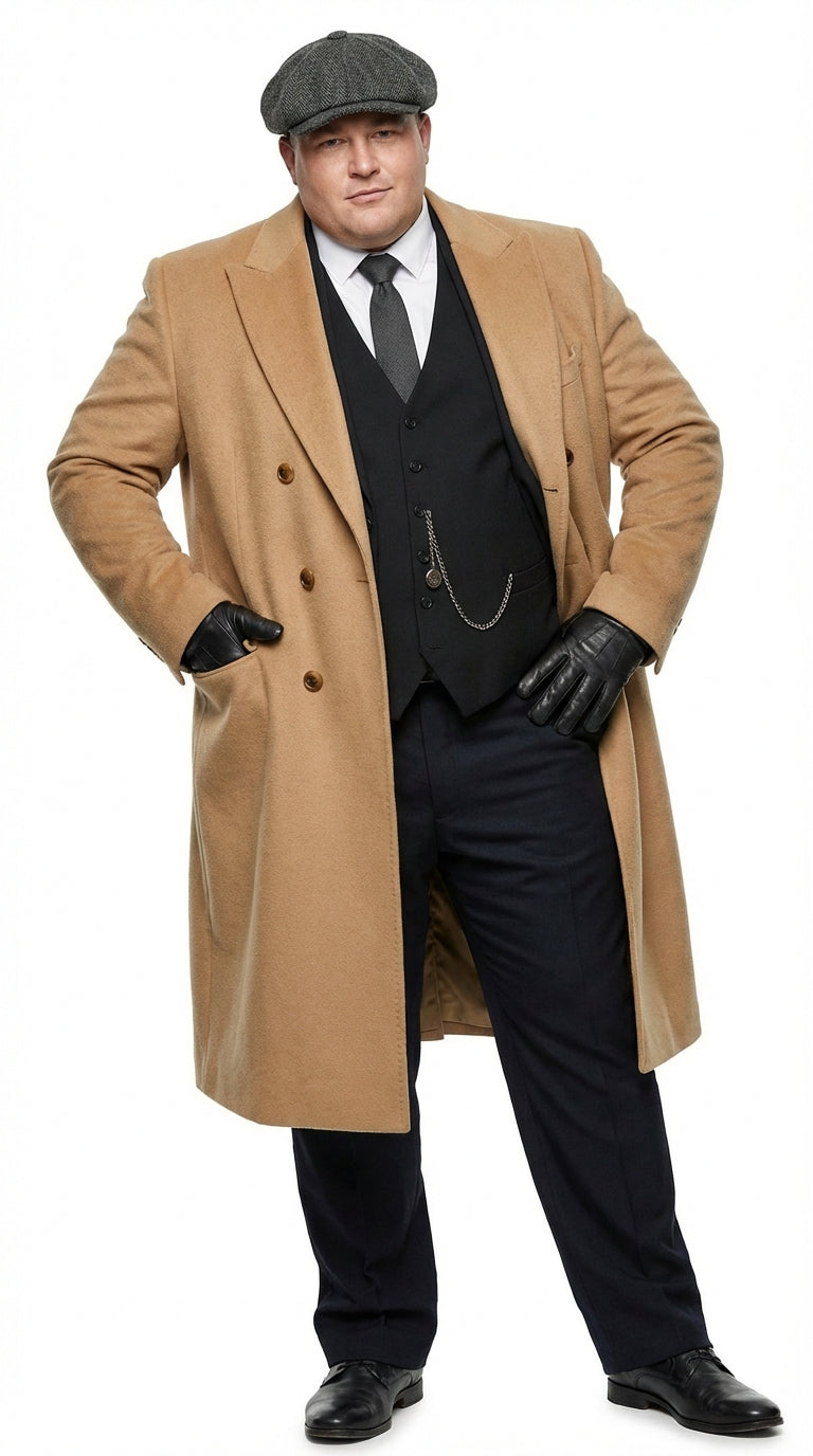 Mens Camel Brown Double Breasted Wool Overcoat + Suit – Peaky Blinders Inspired Vintage Long Trench Coat with Lapel Collar - Coat Size 38