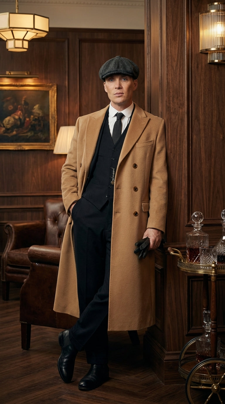 Mens Camel Brown Double Breasted Wool Overcoat + Suit – Peaky Blinders Inspired Vintage Long Trench Coat with Lapel Collar - Coat Size 38