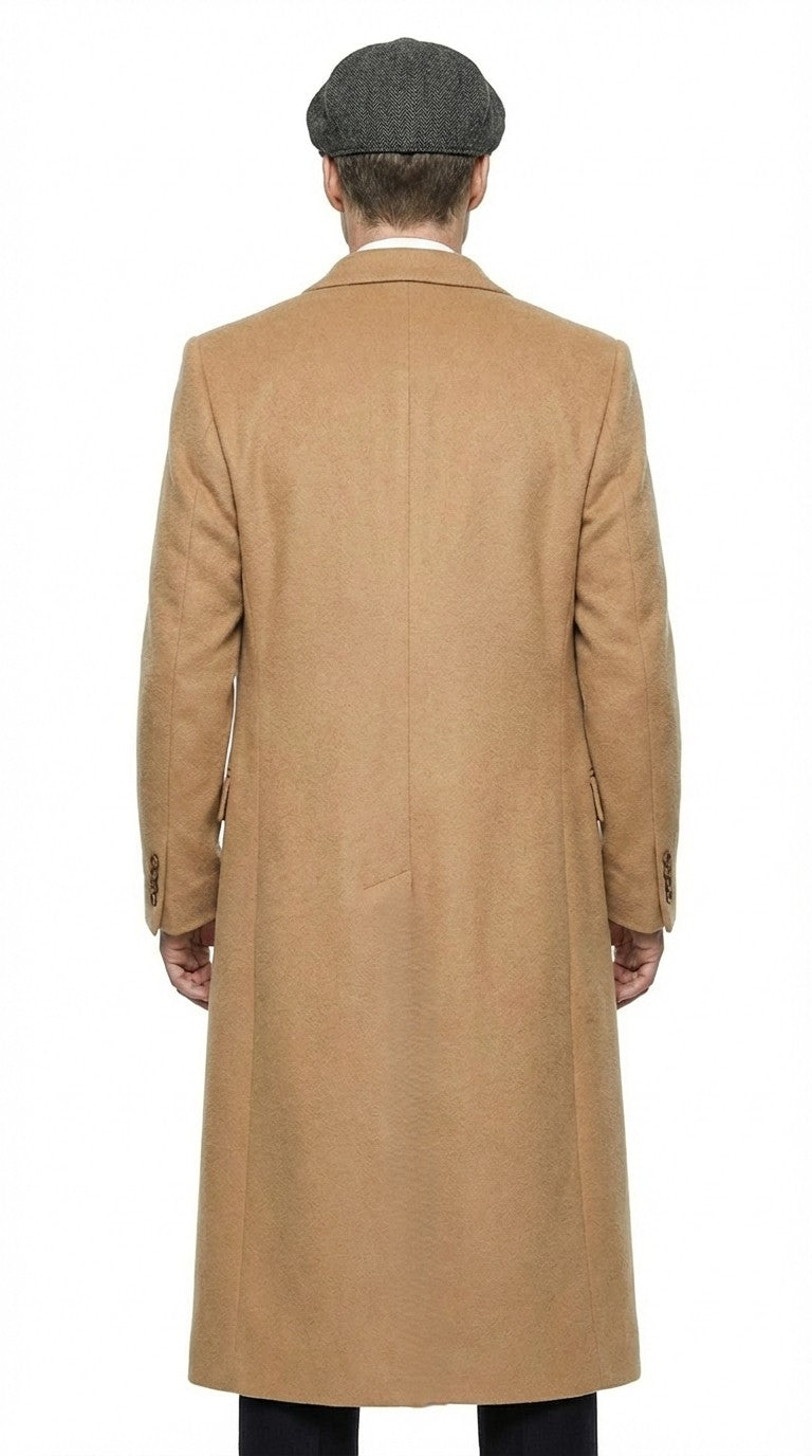 Mens Camel Brown Double Breasted Wool Overcoat + Suit – Peaky Blinders Inspired Vintage Long Trench Coat with Lapel Collar - Coat Size 38