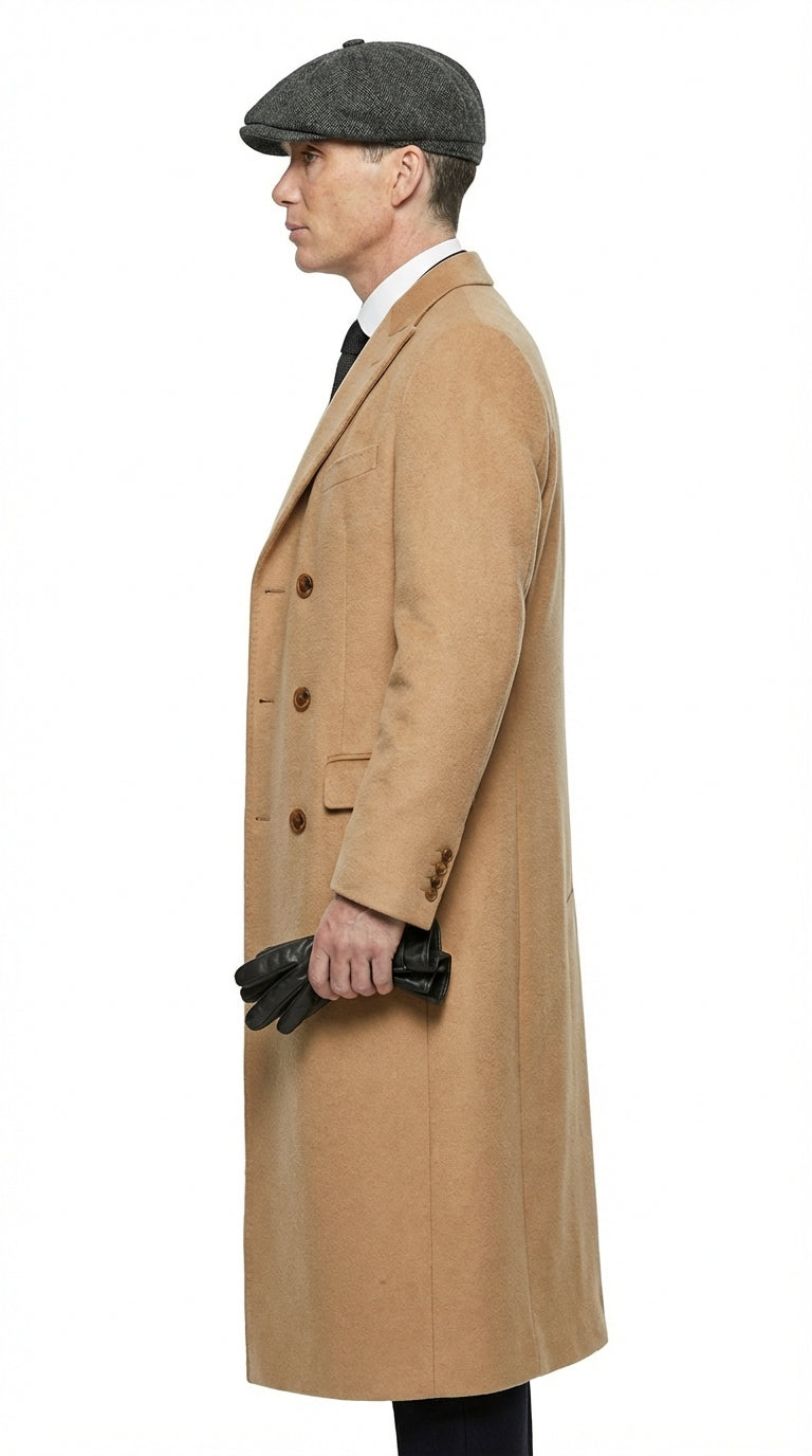 Mens Camel Brown Double Breasted Wool Overcoat + Suit – Peaky Blinders Inspired Vintage Long Trench Coat with Lapel Collar - Coat Size 38
