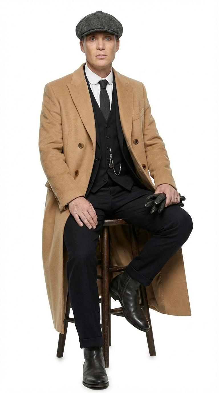 Mens Camel Brown Double Breasted Wool Overcoat + Suit – Peaky Blinders Inspired Vintage Long Trench Coat with Lapel Collar - Coat Size 38