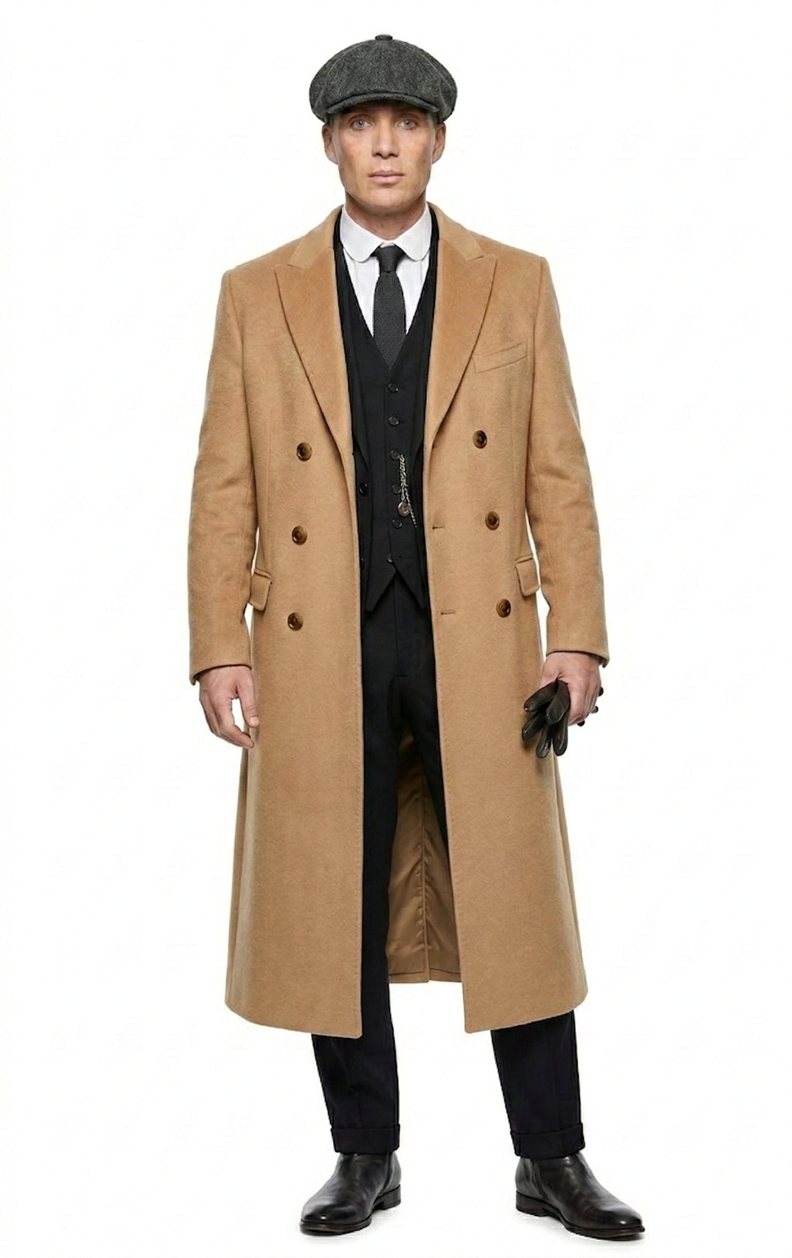 Mens Camel Brown Double Breasted Wool Overcoat + Suit – Peaky Blinders Inspired Vintage Long Trench Coat with Lapel Collar - Coat Size 38
