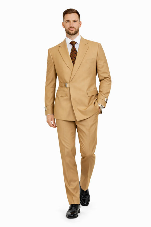 Mens Camel Double Breasted Wool Suit with Metal Buckle Closure