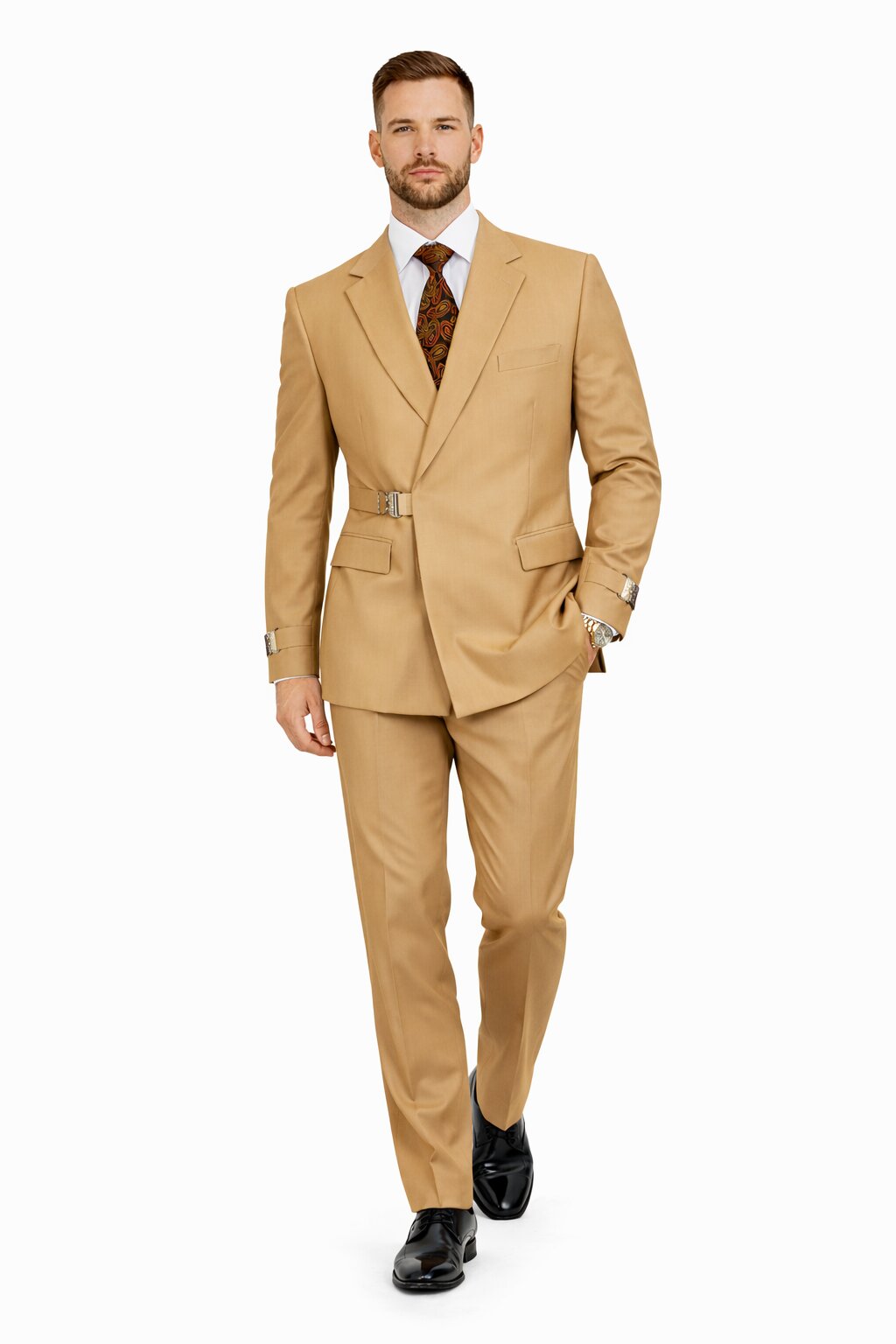 Mens Camel Double Breasted Wool Suit with Metal Buckle Closure