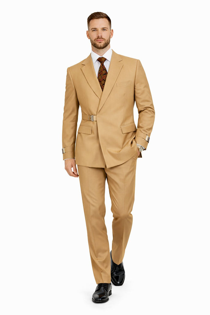 Mens Camel Double Breasted Wool Suit with Metal Buckle Closure
