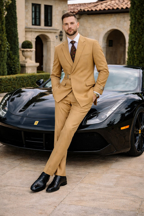 Mens Camel Double Breasted Wool Suit with Metal Buckle Closure