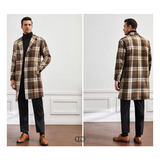 Mens Camel Plaid Overcoat - Hounstooth Checker Pattern Topcoat