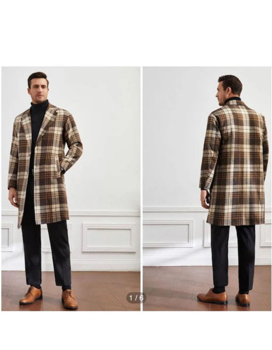 Mens Camel Plaid Overcoat - Hounstooth Checker Pattern Topcoat