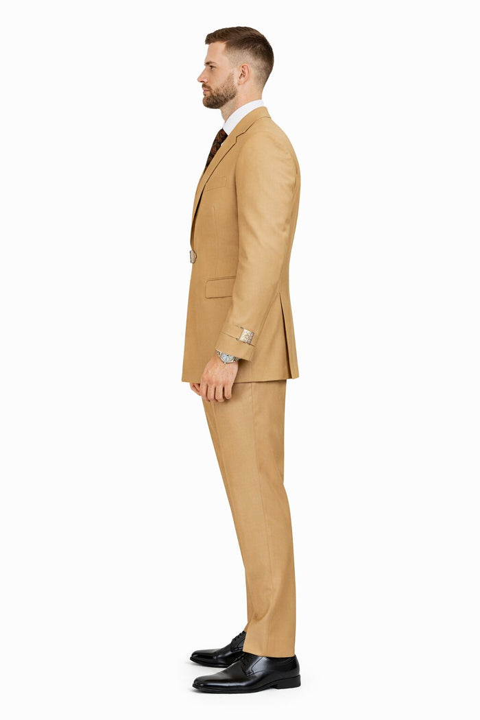 Mens Camel Double Breasted Wool Suit with Metal Buckle Closure
