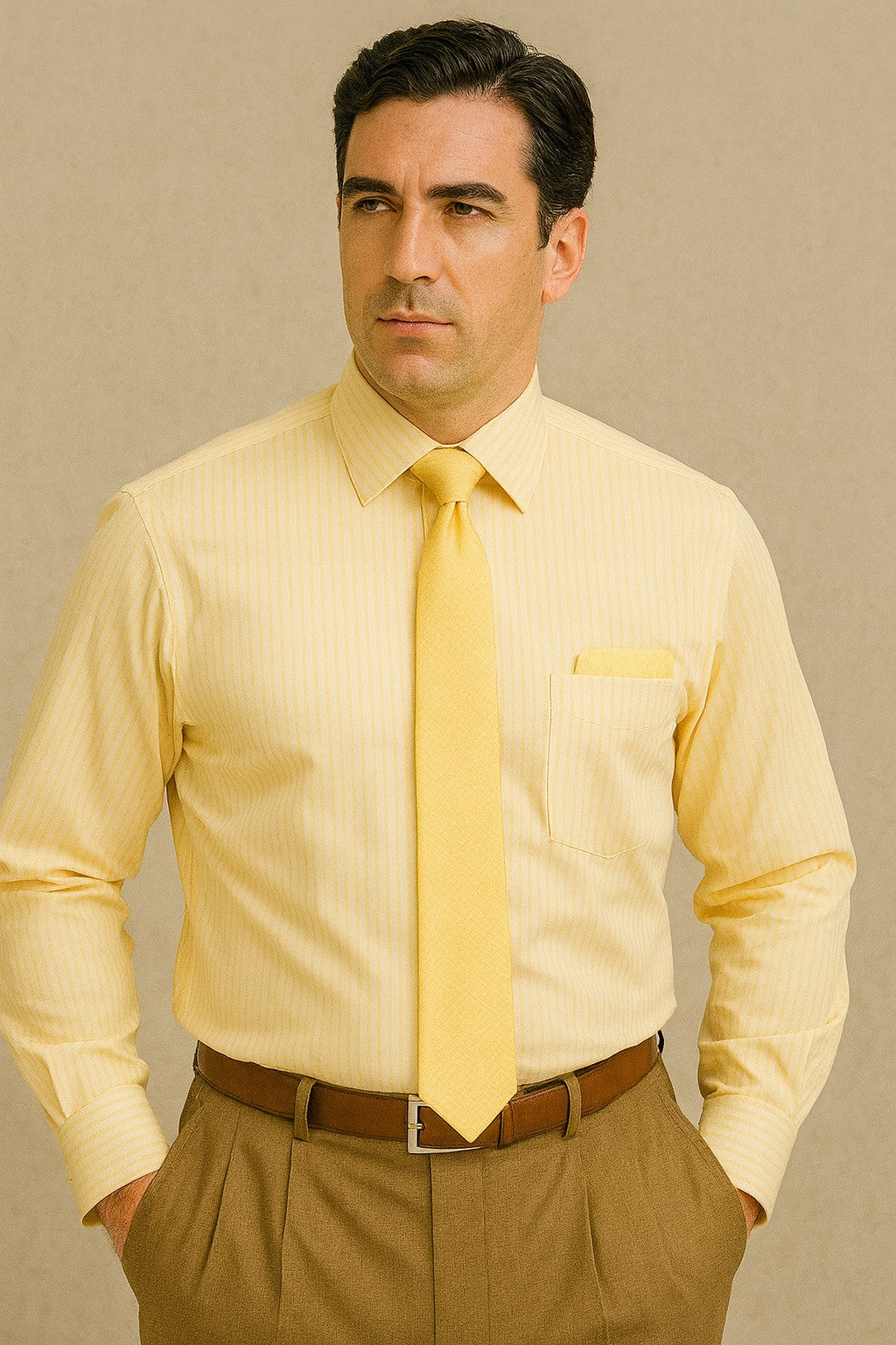 Men's Canary Straight Collar French Cuff Dress Shirt - Striped Dress Shirt - Mens Pinstripe Dress Shirt - Medium 15.5” Neck / 34-35” Sleeve