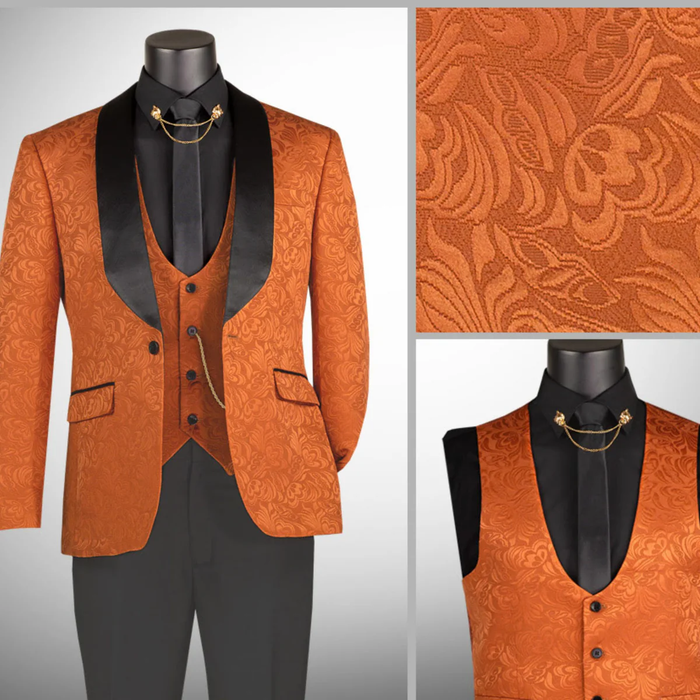 Mens Designer Burnt Orange Floral Brocade Slim Fit Formal Tuxedo