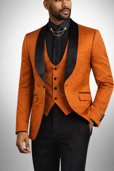 Mens Designer Burnt Orange Floral Brocade Slim Fit Formal Tuxedo