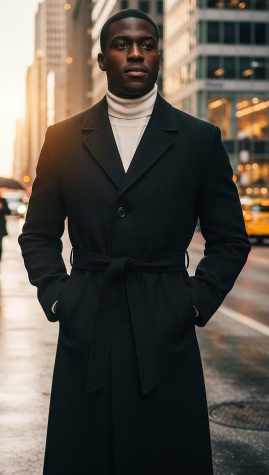 Men's Carmel Zhao Black Full Length Belted Overcoat Porter