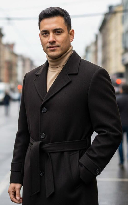 Men's Carmel Zhao Brown Full Length Belted Overcoat Porter