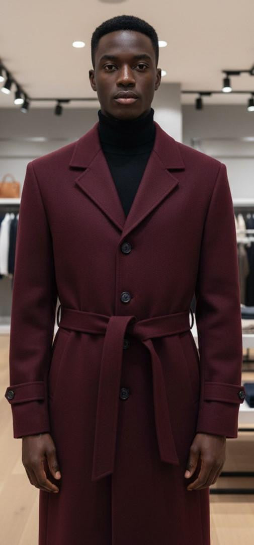 Men's Carmel Zhao Burgundy Full Length Belted Overcoat Porter - Coat Size 38