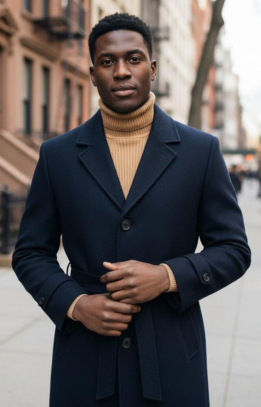 Men's Carmel Zhao Navy Full Length Belted Overcoat Porter