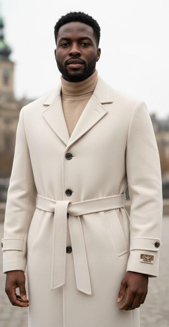 Men's Carmel Zhao Off White Full Length Belted Overcoat Porter - Coat Size 38