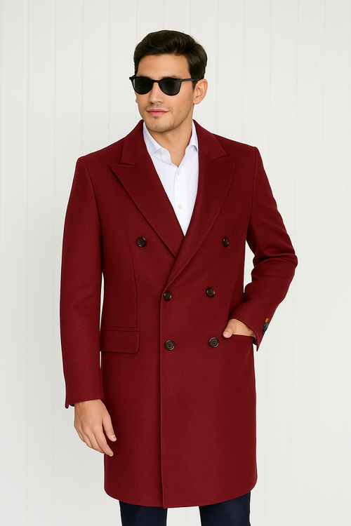 Mens Cashmere Blend Burgundy Coat Full length - Three Quarter Cashmere Overcoat