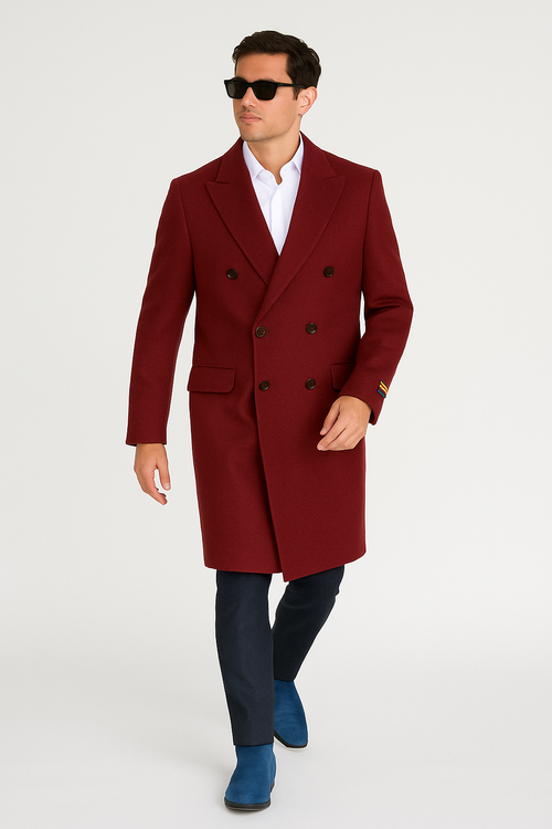 Mens Cashmere Blend Burgundy Coat Full length - Three Quarter Cashmere Overcoat