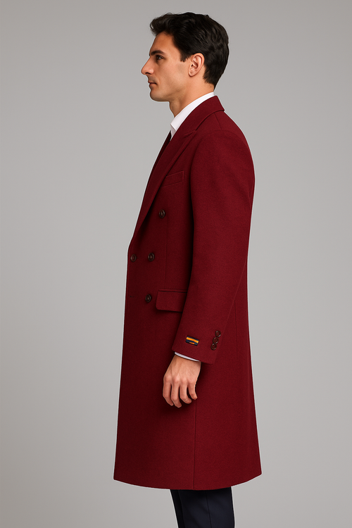 Mens Cashmere Blend Burgundy Coat Full length - Three Quarter Cashmere Overcoat