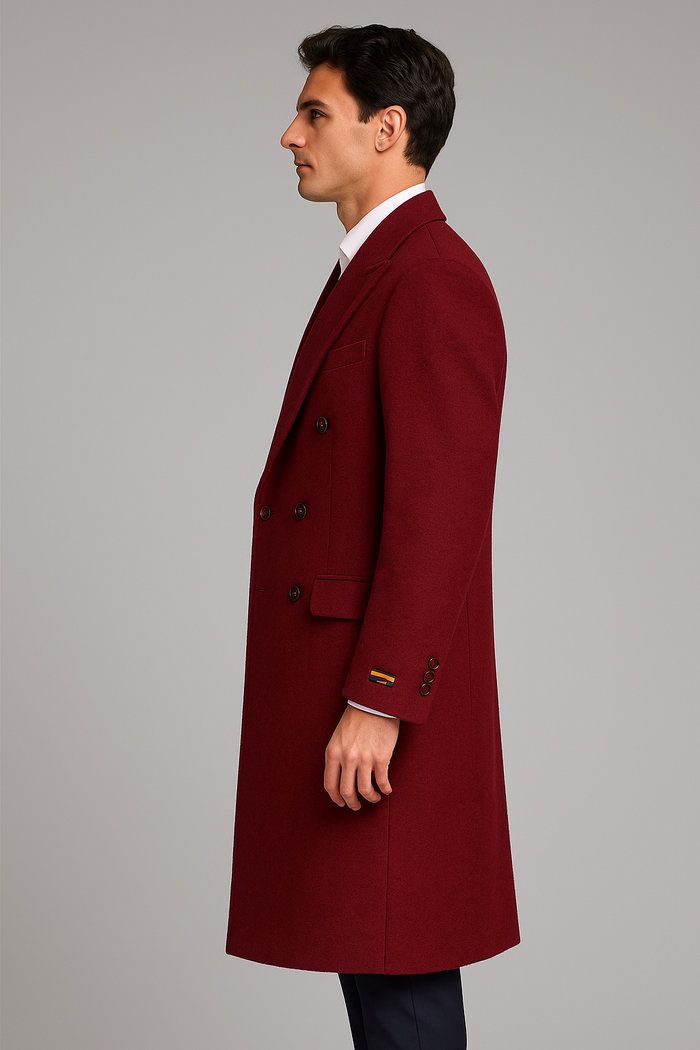 Mens Cashmere Blend Burgundy Coat Full length - Three Quarter Cashmere Overcoat