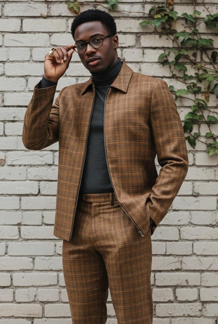 Mens Casual Leisure Suit Brown Plaid 6776 - Small