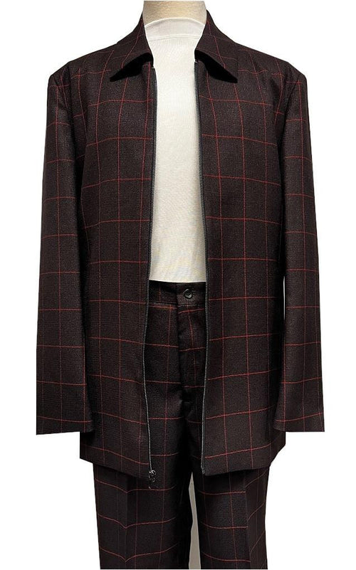 Mens Casual Leisure Suit Burgundy Windowpane 6775