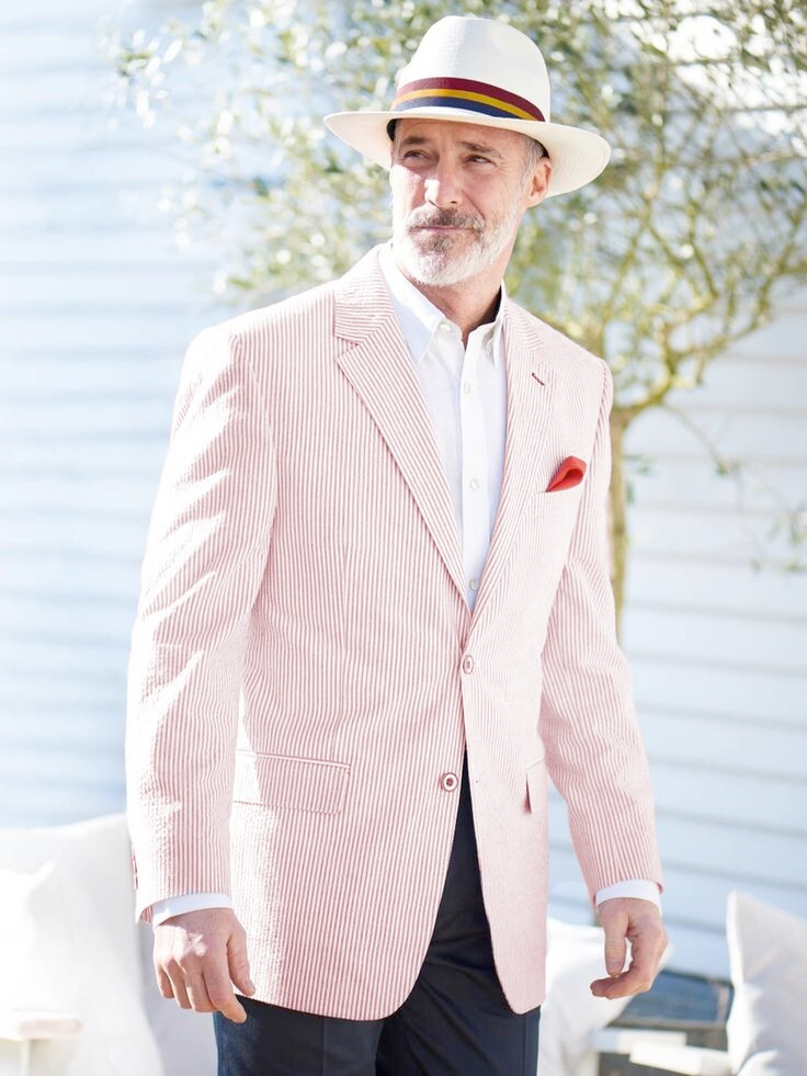 Mens Seersucker Blazer in Color "Color" - Summer Fabric Casual look Sportcoat Jacket 2 Button Notch Lapel - 34 Short