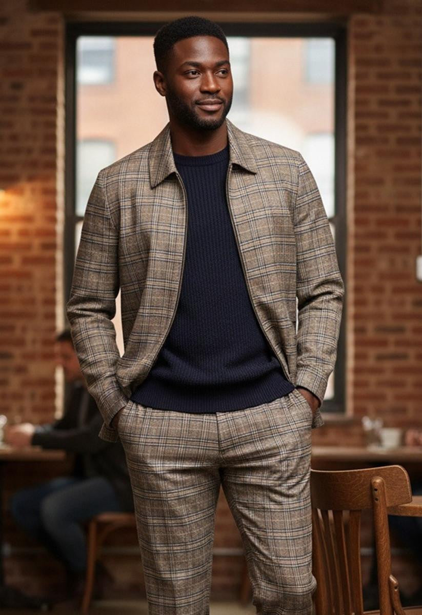 Mens Casual Suit Tan Plaid 6776 - Small