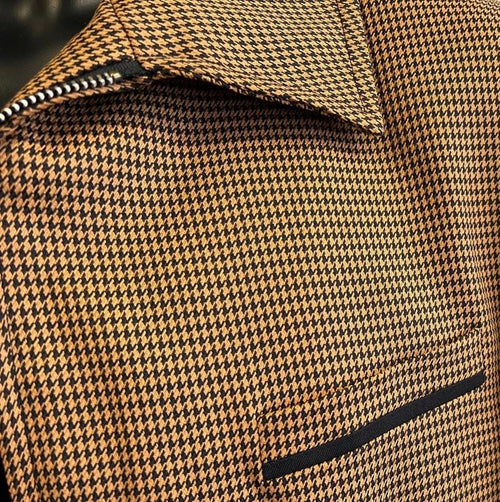Mens Casual Zipper Front Suit Rust Brown Houndstooth BP6783