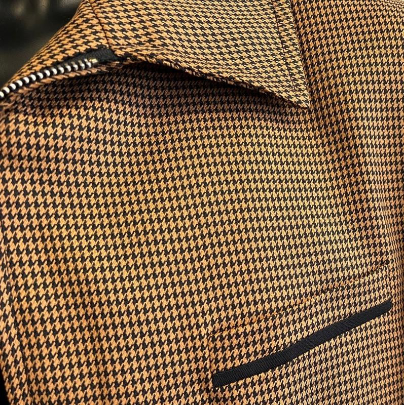 Mens Casual Zipper Front Suit Rust Brown Houndstooth BP6783 - Small