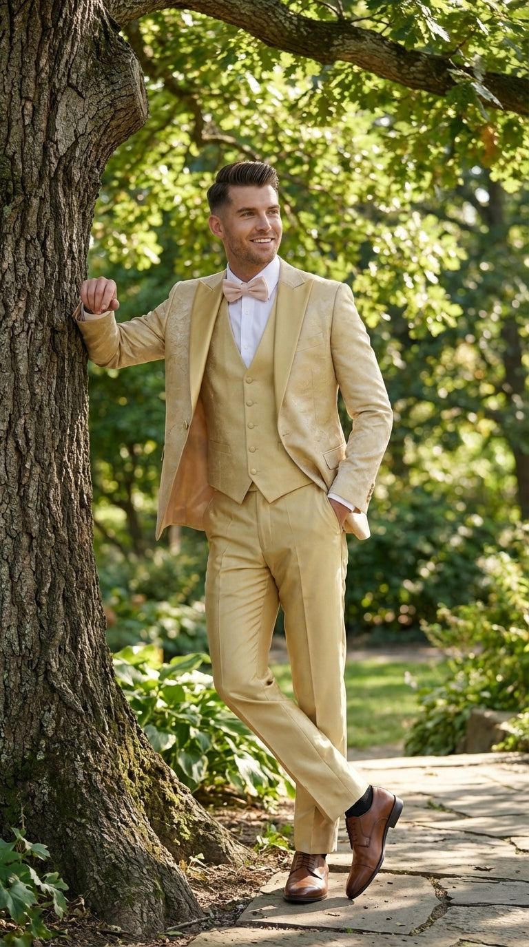Vitali Mens Yellow Gold Designer Tuxedo Suit Set – Luxury Wedding Prom Formal Tuxedo with Vest Bow Tie in Champaign Color - 34 Short or Extra Small