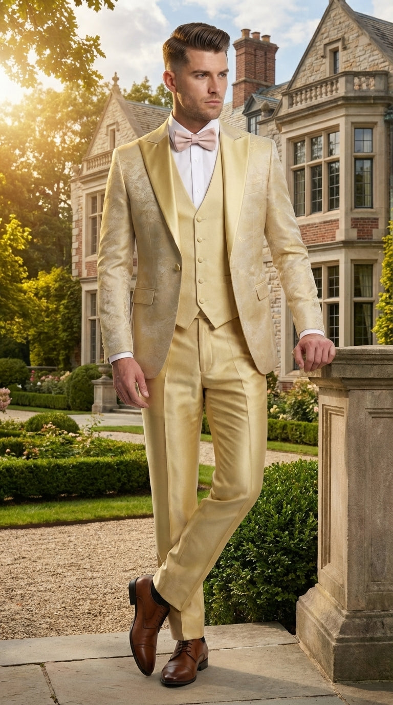 Vitali Mens Yellow Gold Designer Tuxedo Suit Set – Luxury Wedding Prom Formal Tuxedo with Vest Bow Tie in Champaign Color - 34 Short or Extra Small