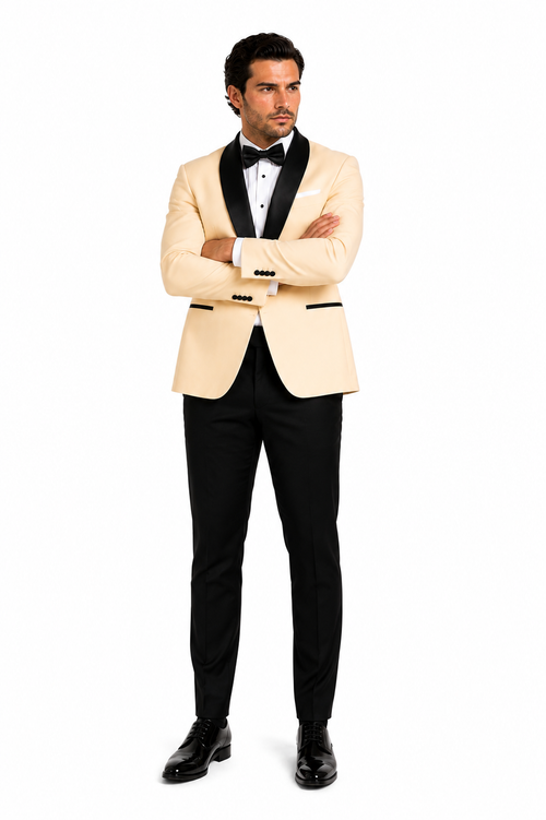 Mens Champagne Light Tan Tuxedo Jacket with Black Shawl Lapel â€“ Classic One-Button Formal Dinner Jacket - Nude Color
