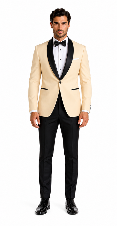Mens Champagne Light Tan Tuxedo Jacket with Black Shawl Lapel â€“ Classic One-Button Formal Dinner Jacket - Nude Color