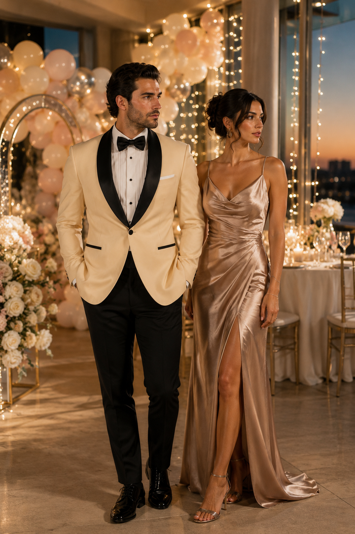 Mens Champagne Light Tan Tuxedo Jacket with Black Shawl Lapel â€“ Classic One-Button Formal Dinner Jacket - Nude Color