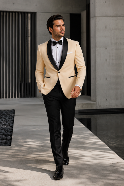 Mens Champagne Light Tan Tuxedo Jacket with Black Shawl Lapel â€“ Classic One-Button Formal Dinner Jacket - Nude Color