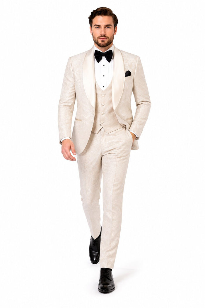 Men One Button Floral All Champagne Tuxedo – 3 Piece