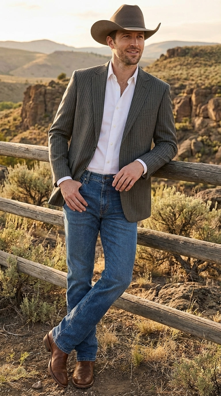 Mens Charcoal Gray Pinstripe Western Blazer – Classic Cowboy Style Jacket for Business, Formal and Smart Casual Wear - 34 Short