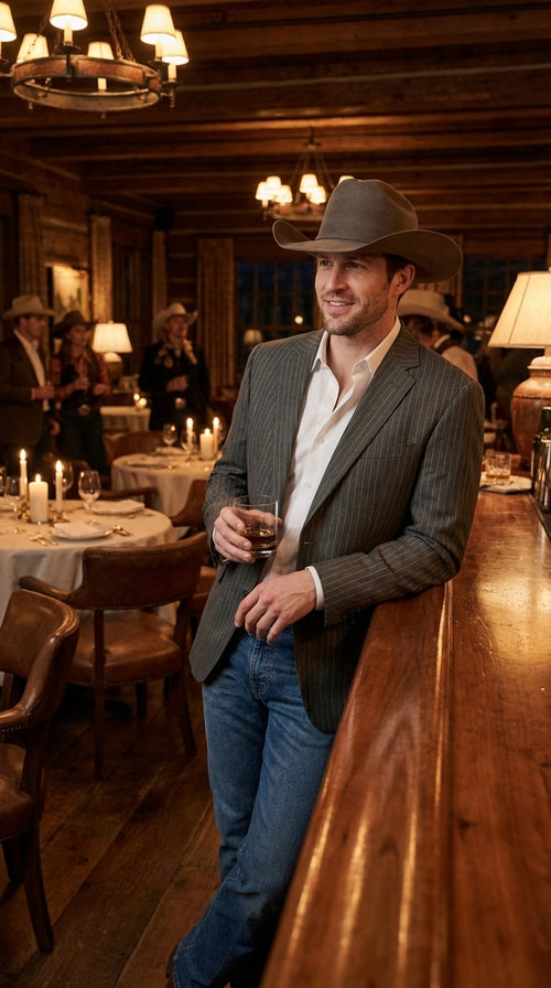 Mens Charcoal Gray Pinstripe Western Blazer – Classic Cowboy Style Jacket for Business, Formal and Smart Casual Wear