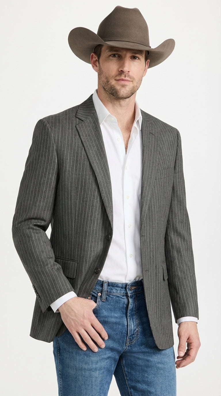 Mens Charcoal Gray Pinstripe Western Blazer – Classic Cowboy Style Jacket for Business, Formal and Smart Casual Wear - 34 Short