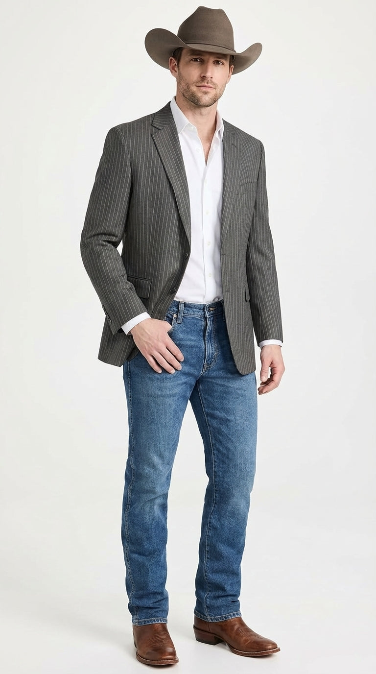 Mens Charcoal Gray Pinstripe Western Blazer – Classic Cowboy Style Jacket for Business, Formal and Smart Casual Wear - 34 Short
