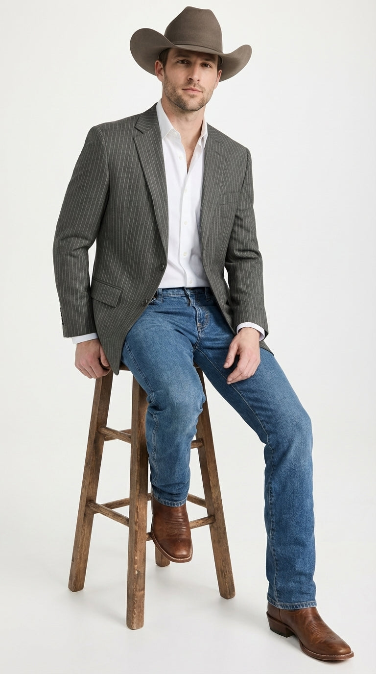 Mens Charcoal Gray Pinstripe Western Blazer – Classic Cowboy Style Jacket for Business, Formal and Smart Casual Wear - 34 Short