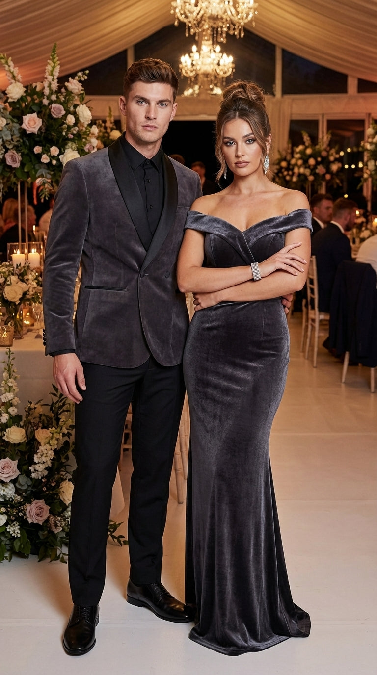 Mens Charcoal Gray Velvet Tuxedo Suit – Luxury Formal Wedding Suit with Black Shawl Lapel for Prom, Party Black Pants - 34 Short or Extra Small