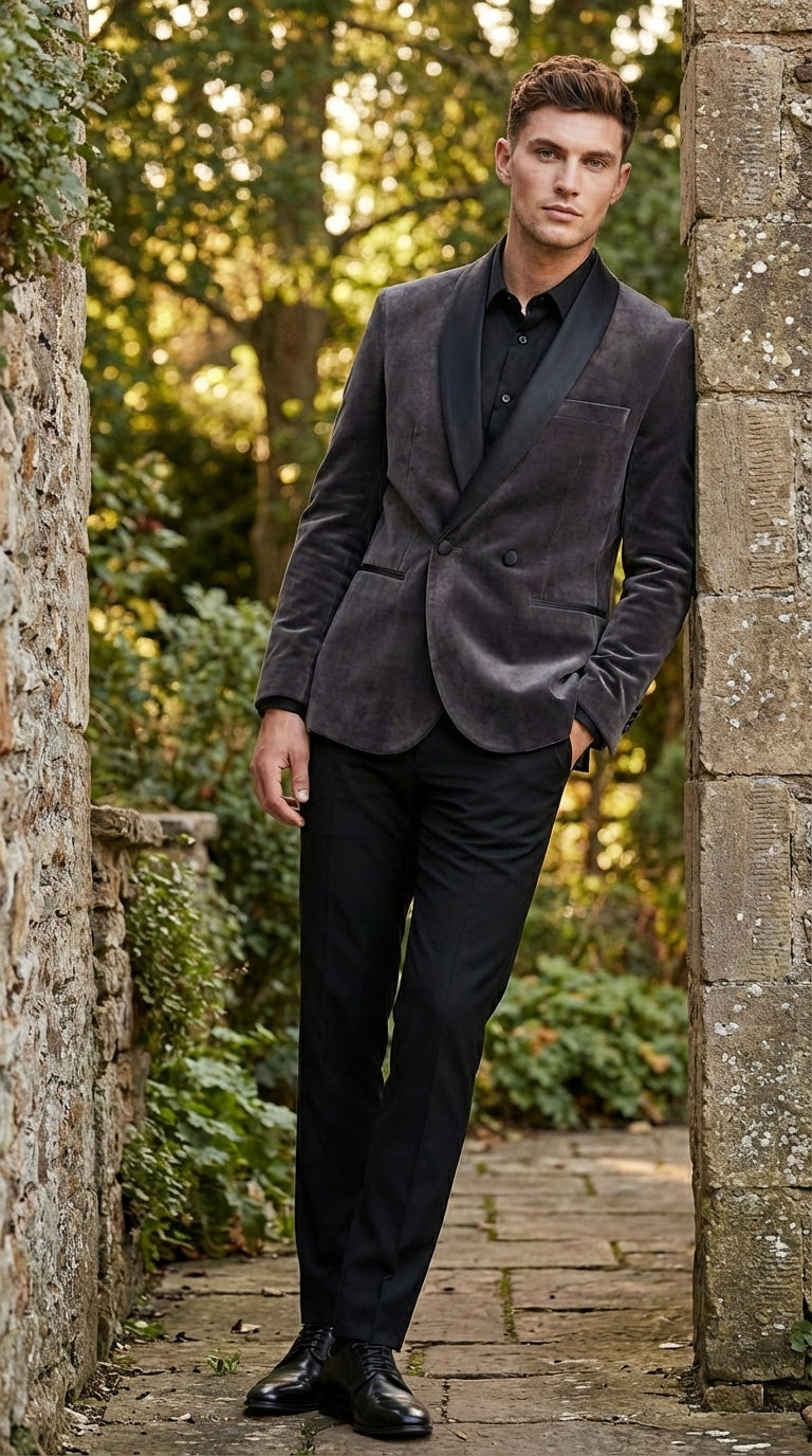 Mens Charcoal Gray Velvet Tuxedo Suit – Luxury Formal Wedding Suit with Black Shawl Lapel for Prom, Party Black Pants - 34 Short or Extra Small