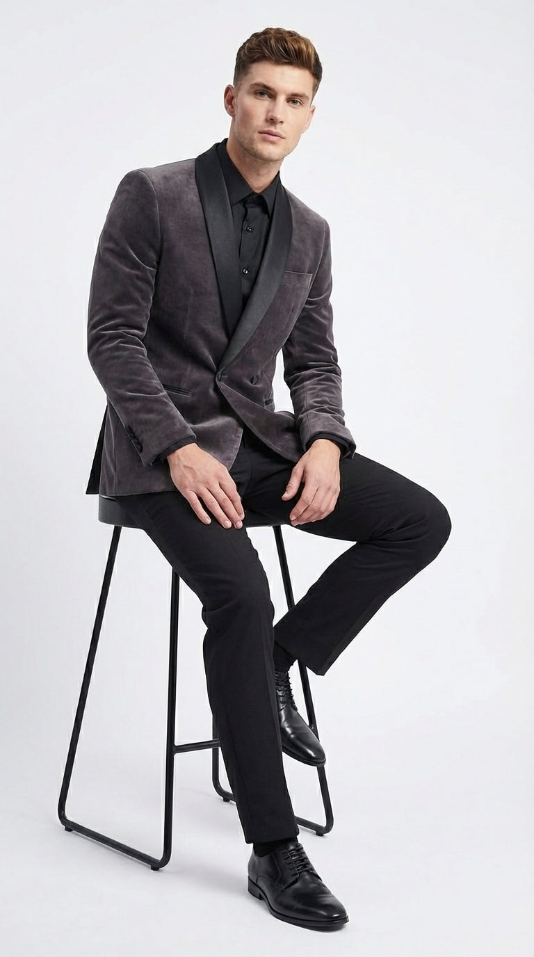 Mens Charcoal Gray Velvet Tuxedo Suit – Luxury Formal Wedding Suit with Black Shawl Lapel for Prom, Party Black Pants - 34 Short or Extra Small