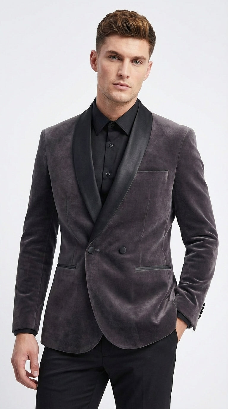 Mens Charcoal Gray Velvet Tuxedo Suit – Luxury Formal Wedding Suit with Black Shawl Lapel for Prom, Party Black Pants - 34 Short or Extra Small