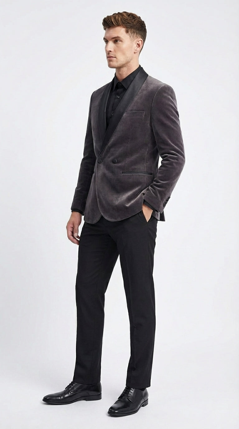 Mens Charcoal Gray Velvet Tuxedo Suit – Luxury Formal Wedding Suit with Black Shawl Lapel for Prom, Party Black Pants - 34 Short or Extra Small