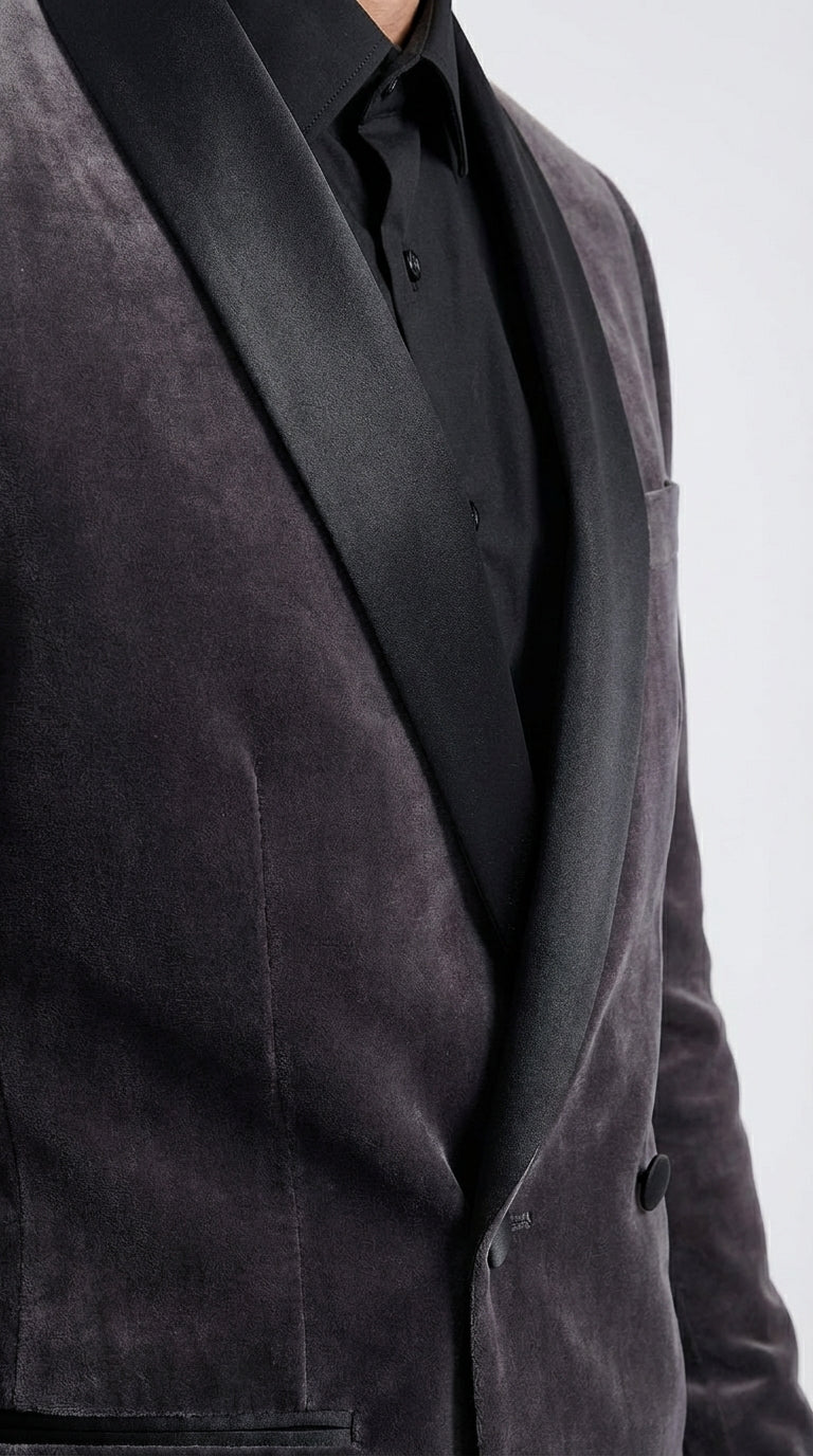 Mens Charcoal Gray Velvet Tuxedo Suit – Luxury Formal Wedding Suit with Black Shawl Lapel for Prom, Party Black Pants - 34 Short or Extra Small