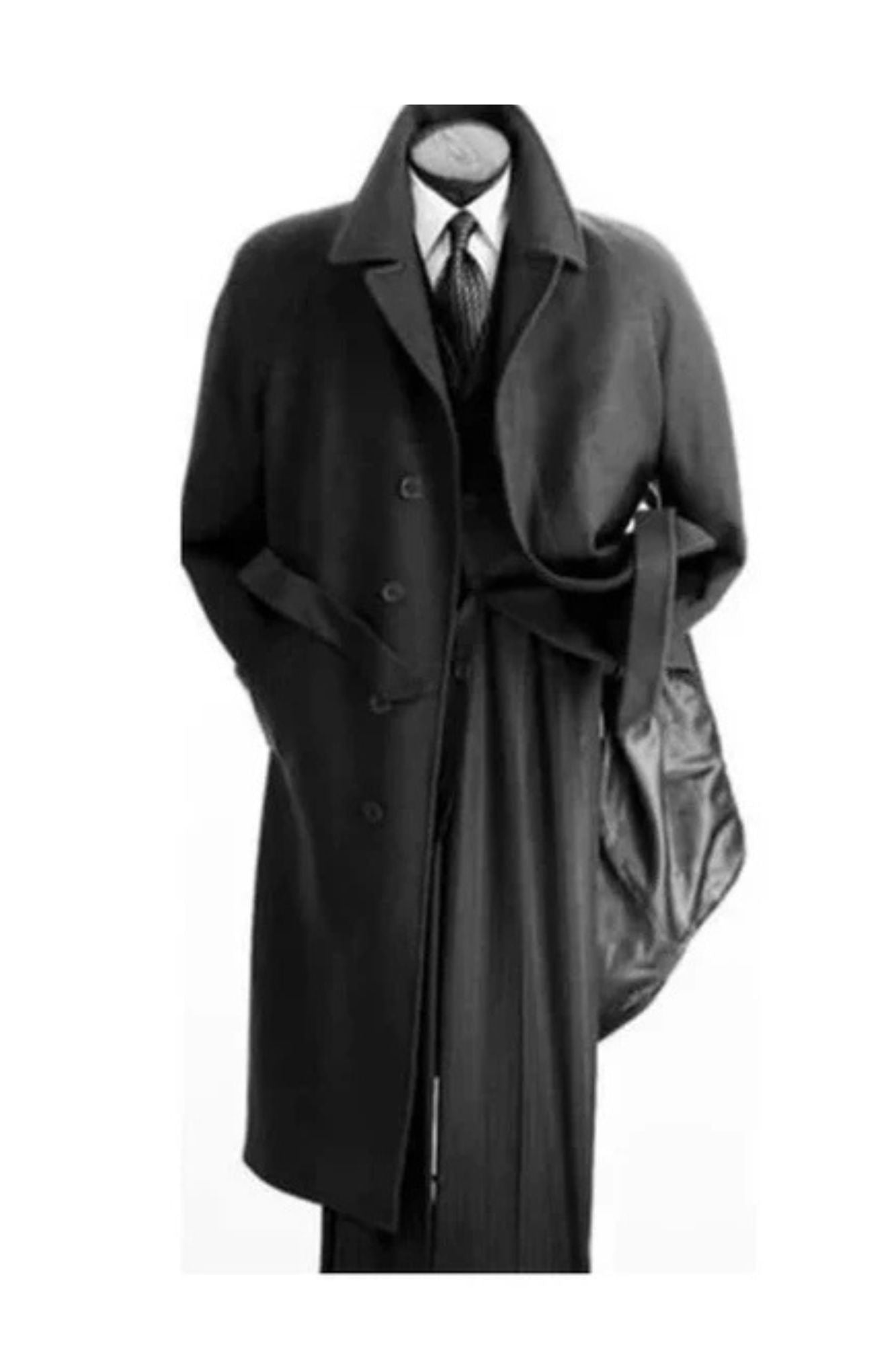 Men's Charcoal Grey Belted Full Length Wool Overcoat